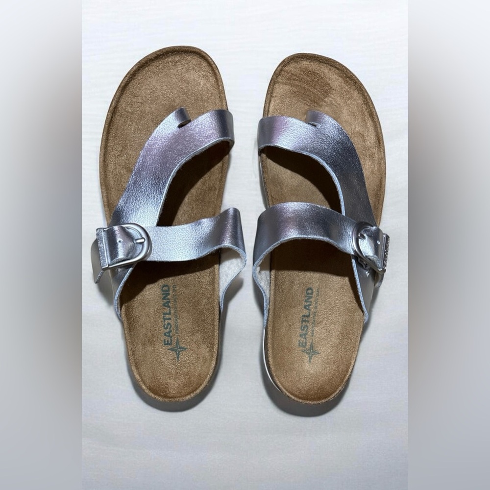 Eastland Women's Iridescent Silver Two-Band Buckle Slide Sandals